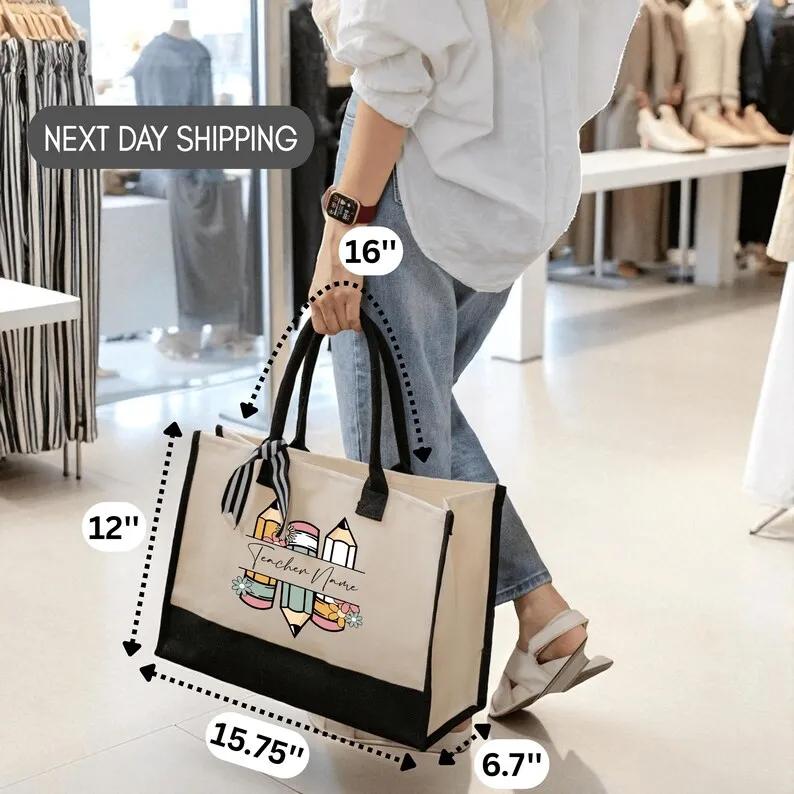 Personalized Teacher Name Cotton Canvas Tote Bag Gift for Teachers Life Tote Custom Teacher Appreciation Gift Bag Hand Bags
