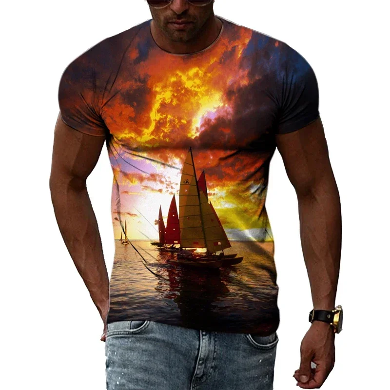 New Personalized Fashion Ocean Street O-Neck Top Men's Sailboat Pattern 3D Printed T-Shirt Trend Short Sleeved Clothes