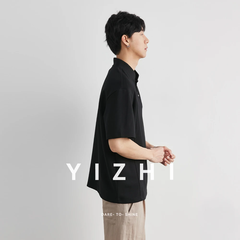 Men's Heavyweight 240g New Chinese Stand Collar Button Short Sleeve T-shirt Summer Loose Drop