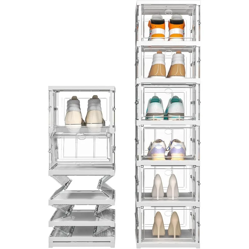 

Shoe Box Organizer 6-Tier- No-Assembly, One-Piece Design, Magnetic Clear Doors, Compact Foldable & Space-Saving, Ideal