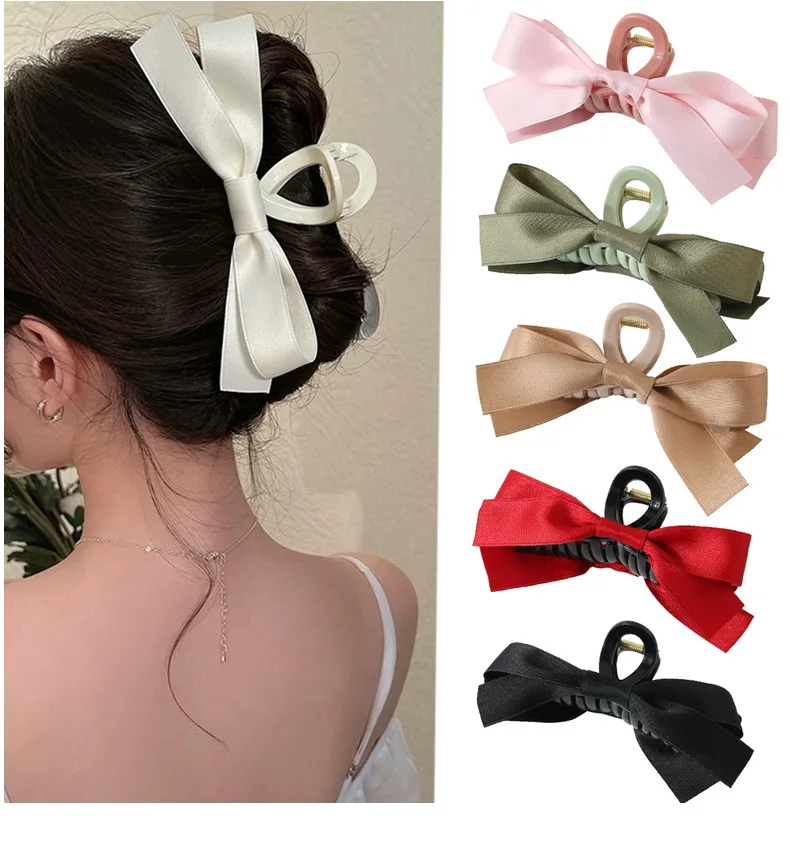 

New Solid Color Bowknot Hair Claw Big Satin Bow Hair Clips Vintage Hair Clamps Crab Hairpins for Elegant Women Hair Accessories