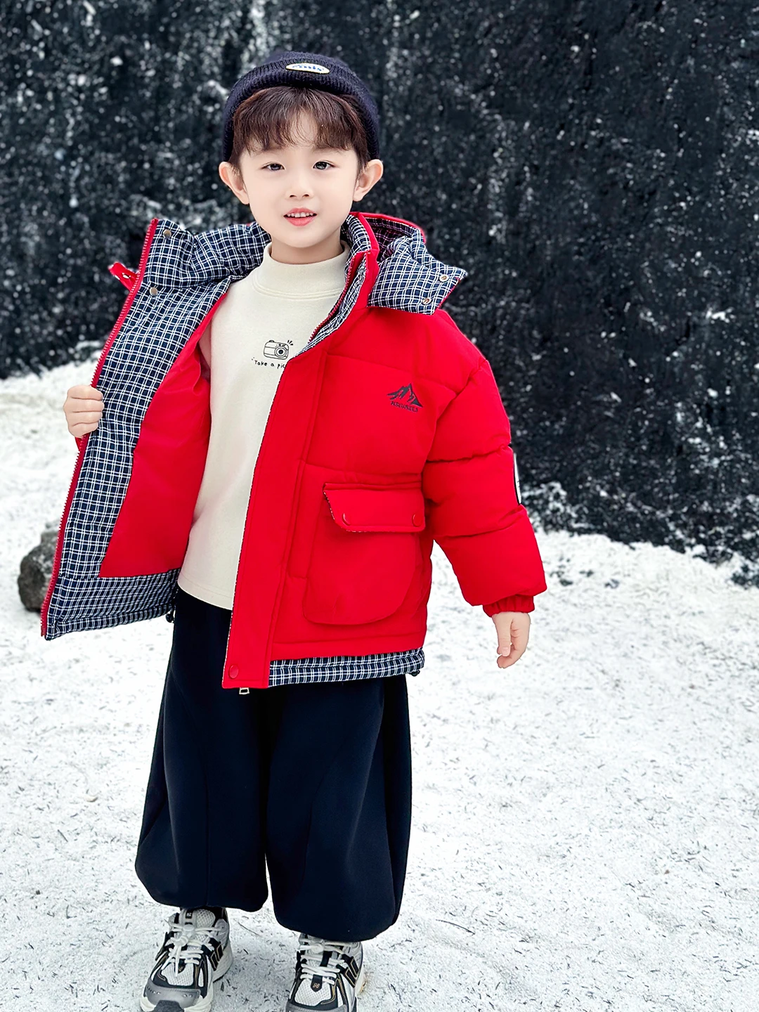 

Thiened Plaid Cotton Jaet for Boys with Hood Winter Warm Faionable Youthful Sle Long Sve Zipper Closure Casual Wear