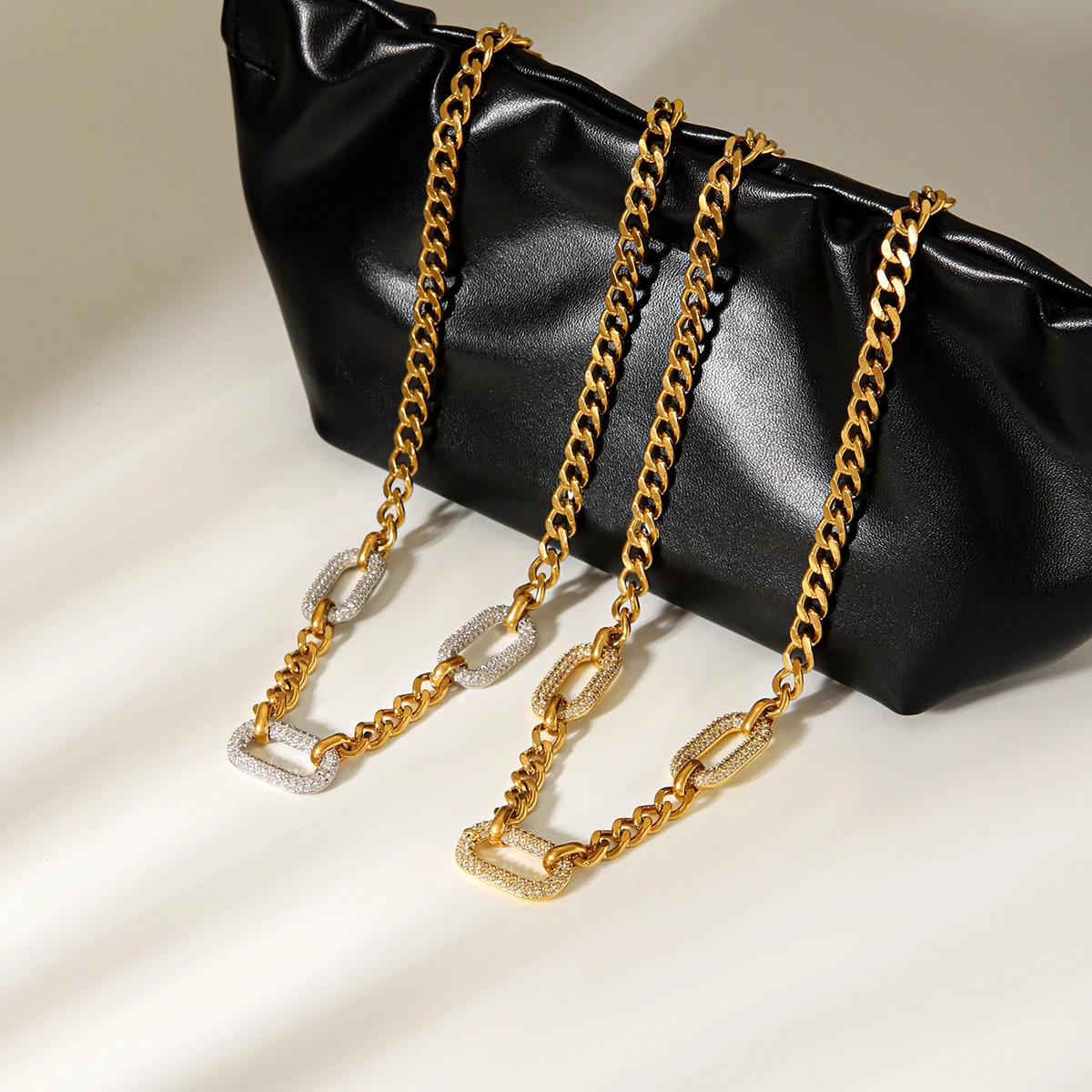 Chunky Cuban Link Chain Necklace Pave CZ Carabiner Gold Plated Waterproof Tarnish Free Statement Women's stainless steel jewelry