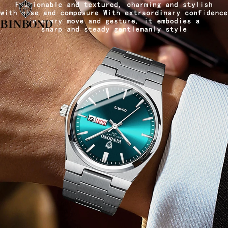 BINBOND Luxury Watch for Man Elegant Date Week Waterproof Luminous Men Watch Quartz Stainless Steel Sports Men\'s Watches reloj