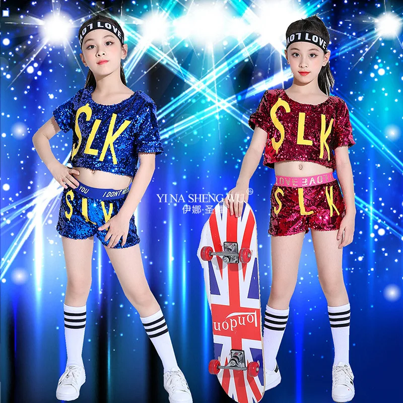 Mode Jazz Kostüm Kinder Bühne Dance Tragen Blau/Rot Pailletten Anzug Jungen und Mädchen Hip Hop Street Dance Performance kleidung