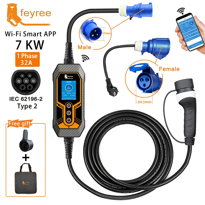 feyree Draagbare EV-oplader Type2 32A 7KW EVSE Wi-Fi APP-bediening Instelbare stroom Slimme timing Opladen voor thuis en buitengebruik