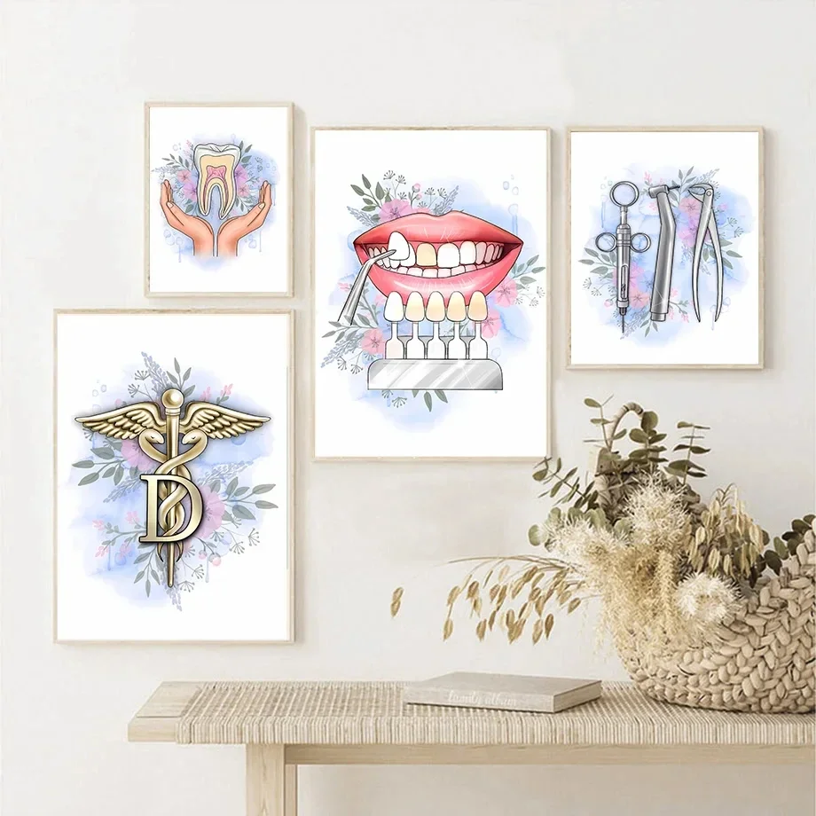 Watercolor Tooth Anatomy Floral Caduceus Dentist Canvas Painting Posters and Prints Wall Art Picture for Living Room Decoration