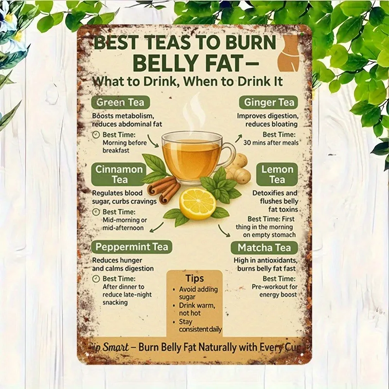 Metal Tea Weight Loss Chart, 1PC 2D Flat Belly Fat Guide with Cinnamon Green Tea Matcha Recipes, Natural Detox Wall Decor for Ho