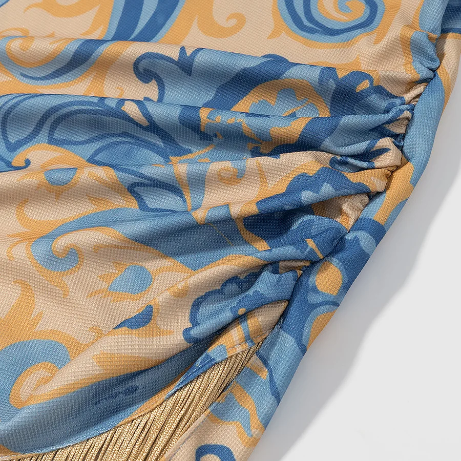 Abito con giuntura con finiture in nappa Abiti da sera a pieghe vintage da donna Nuovi abiti da donna sexy con nappe Abito con stampa floreale senza maniche