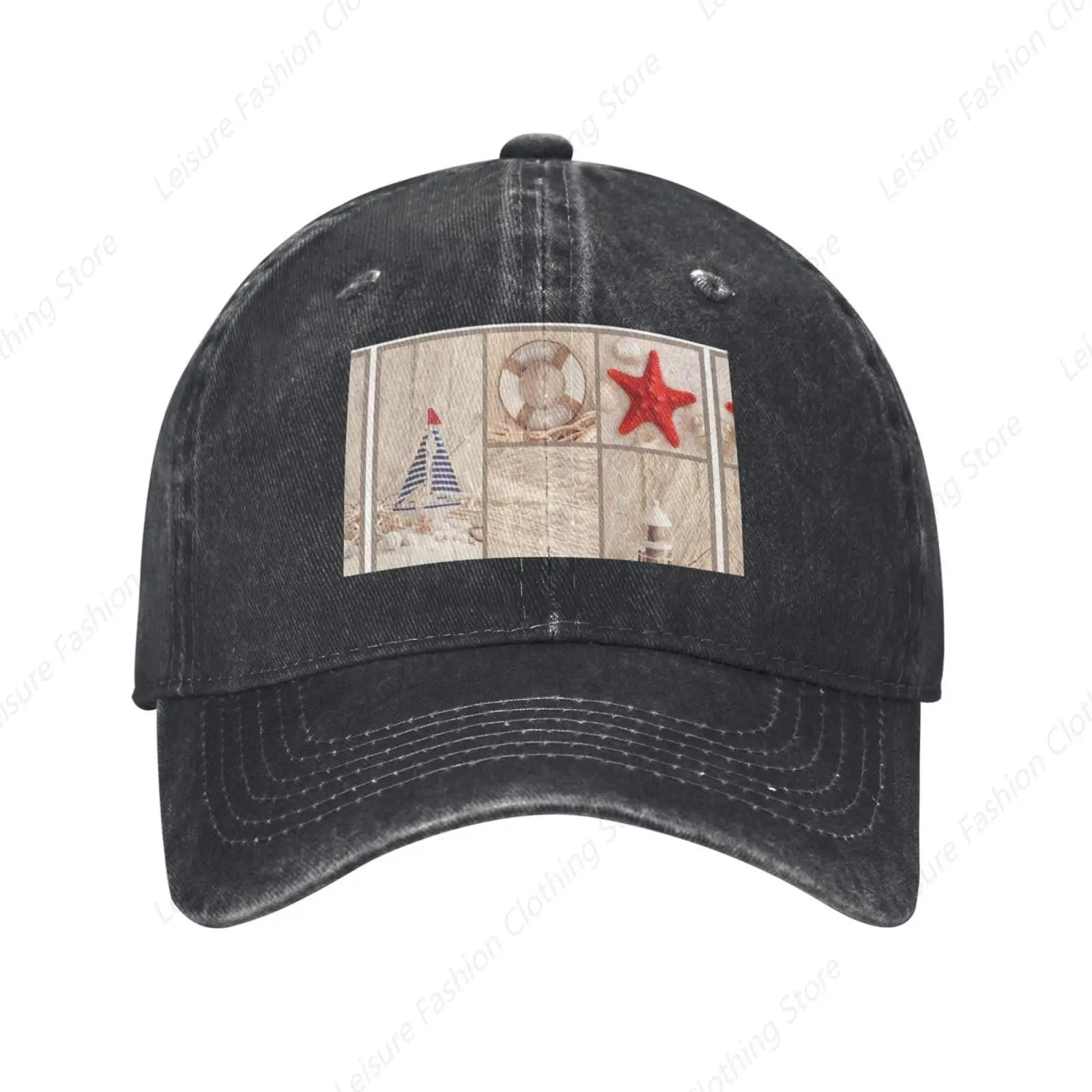 Boat Beach Starfish Shell Print Washed Cowboy Baseball Caps for Adults Adjustable Baseball Cap Outdoor Sports