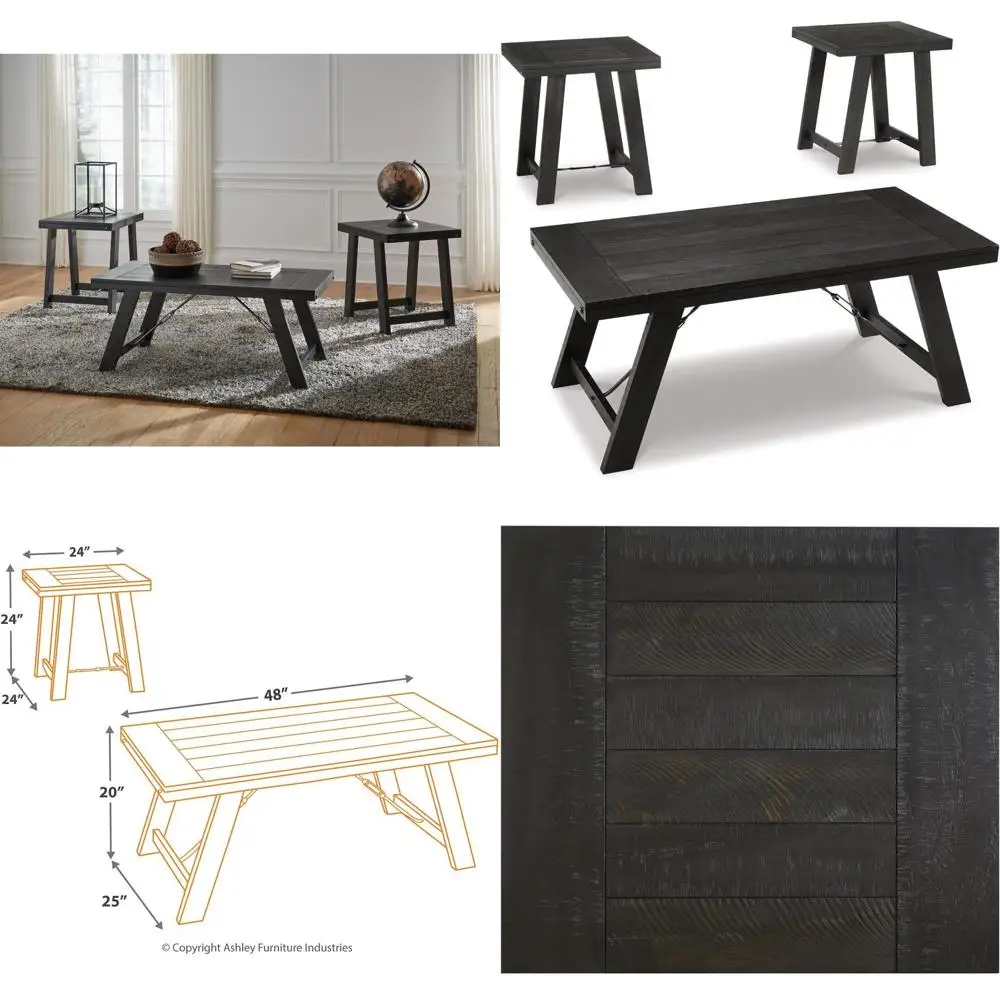Noorbrook armhouse 3-Piece Table Set, Includes Coee Table and 2 End Tables, Black