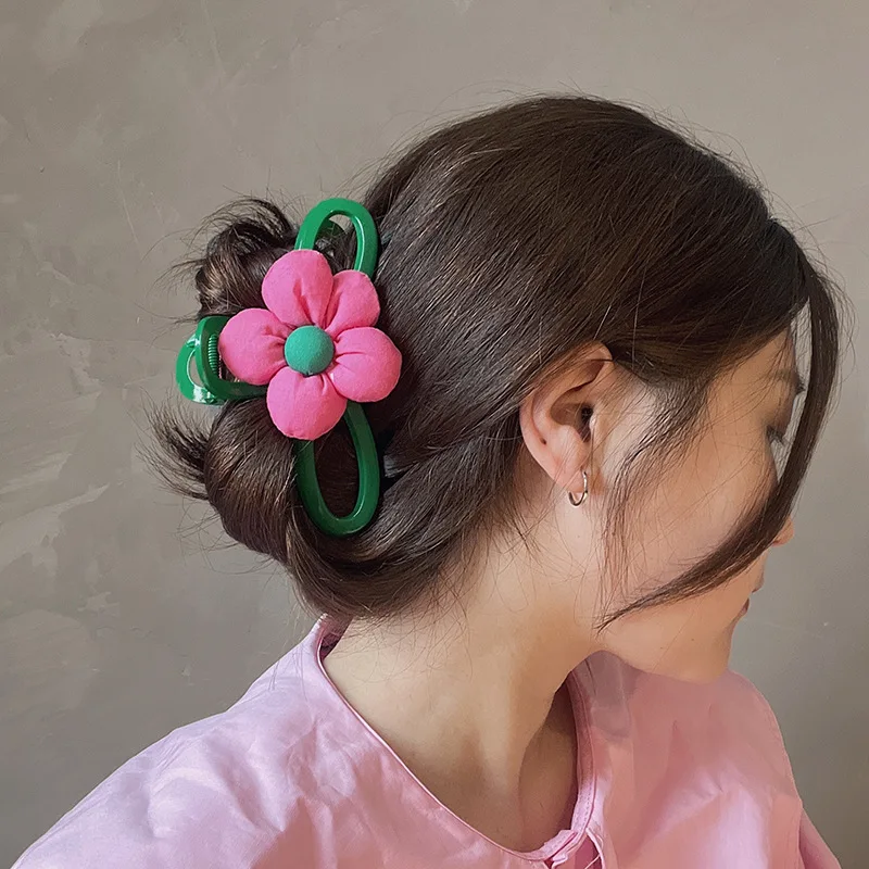 Pink Flower Green Hair Claws for Women Elegant Large Shark Clip Temperament Girl Hair Accessories Korean Summer Headwear 2024