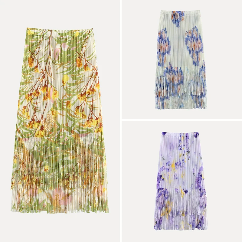 

Двухслойная юбка-миди с бахромой и эластичной резинкой на талии, весна 2024, женская юбка трапециевидной формы Faion Z, полиэфирное волокно 00%