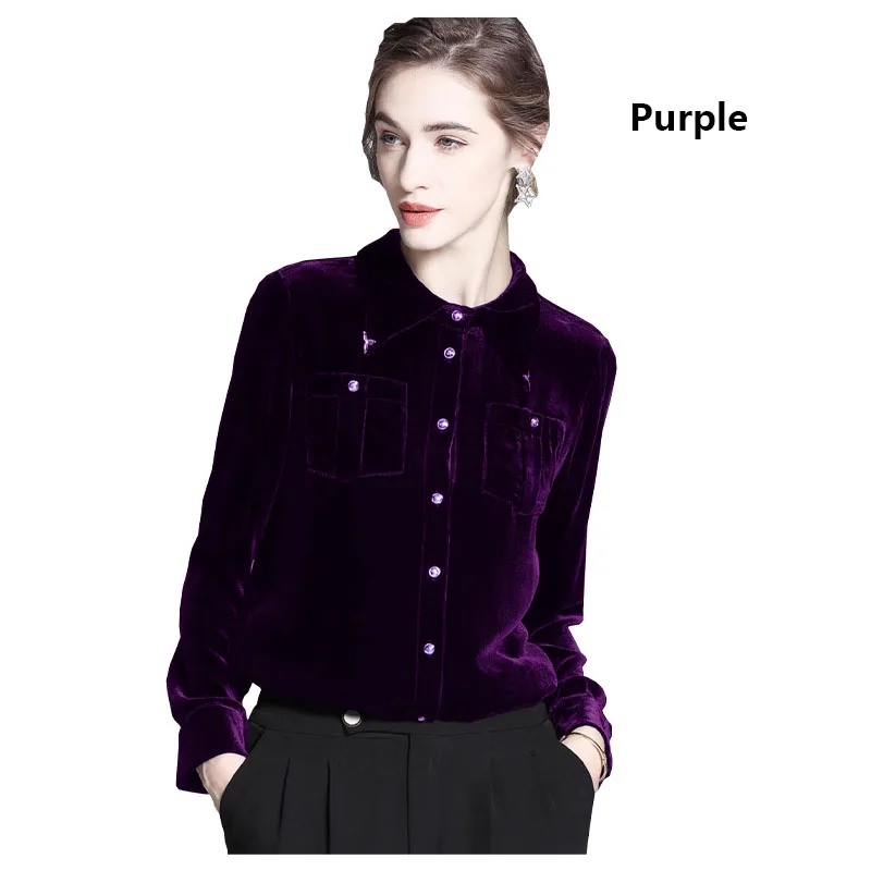 Silk Velvet Shirt Spring Autumn High-end Temperament Ladies Top Fashion Fashion Black Base Shirt Gloss Soft Outdoor Women's Wear