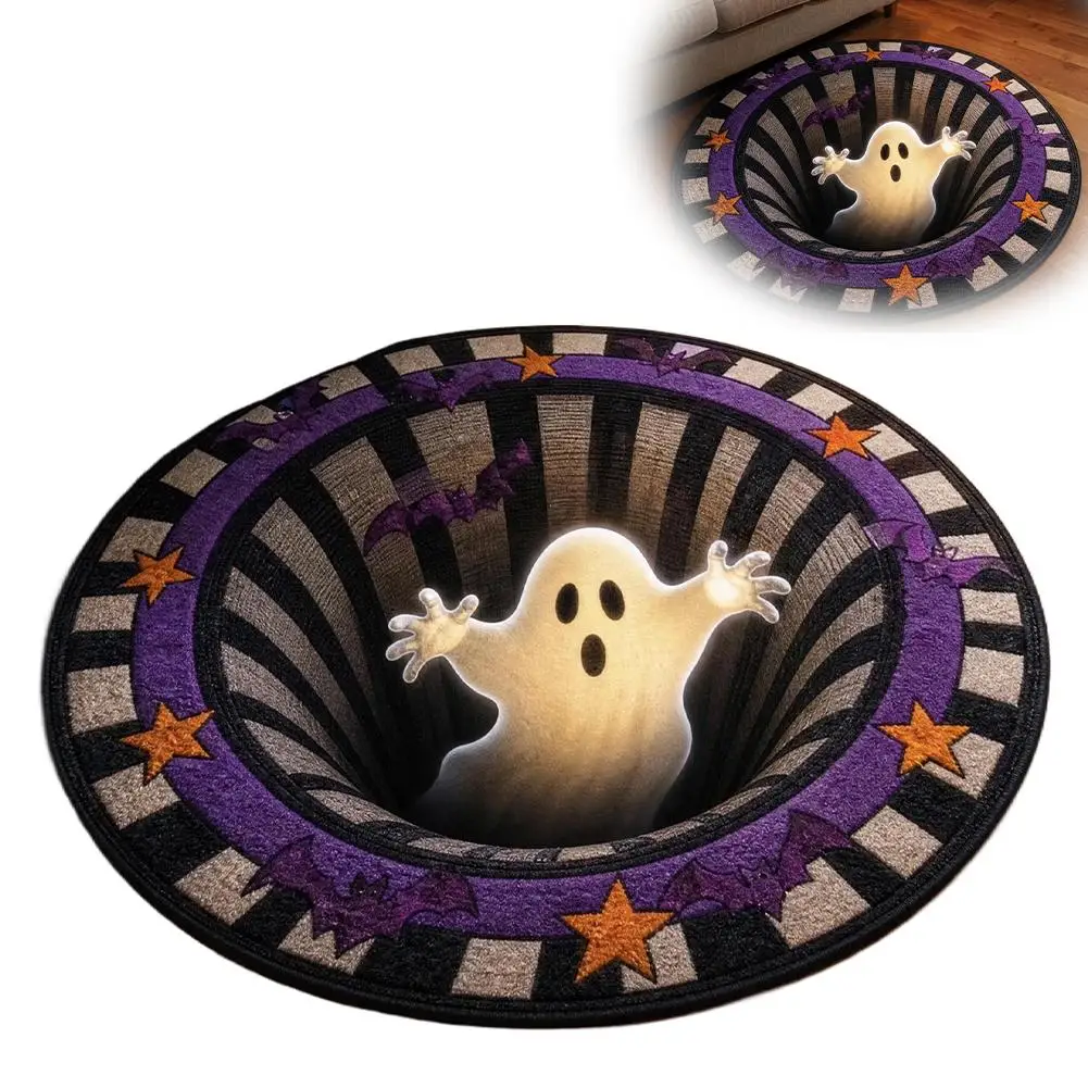 Halloween 3D Illusion Rug Round Spooky Ghost Vortex Floor Mat Non Slip Bottom Soft Area Rug Bedroom Living Room Party Decor