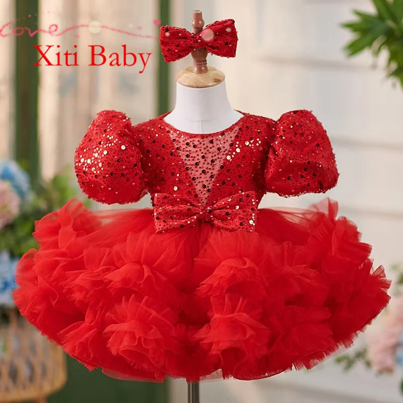 Glitter Red Flower Girl Dress Ruffles Short Sleeves Scoop Neck Cute Baby Girl Tutu Party Gown Short Graduation Kids Prom Dress