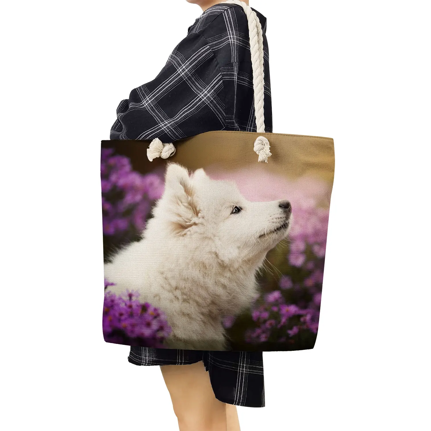 Travel Beach Bags White Dog Graphic Thick Rope High Capacity Women Casual Cute Samoye Print Handbags Shoulder Bags Shopping Tote