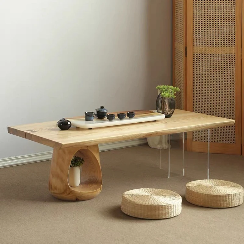

Solid wood acrylic suspended coffee table tea small apartment log kang household living room low