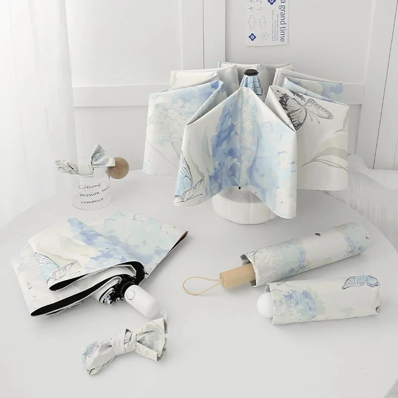 Small Fresh Butterfly Print 3 Fold 8 Ribs Umbrella Black Glue UV Protection Dual Use Sun Rain Portable Travel Parasol