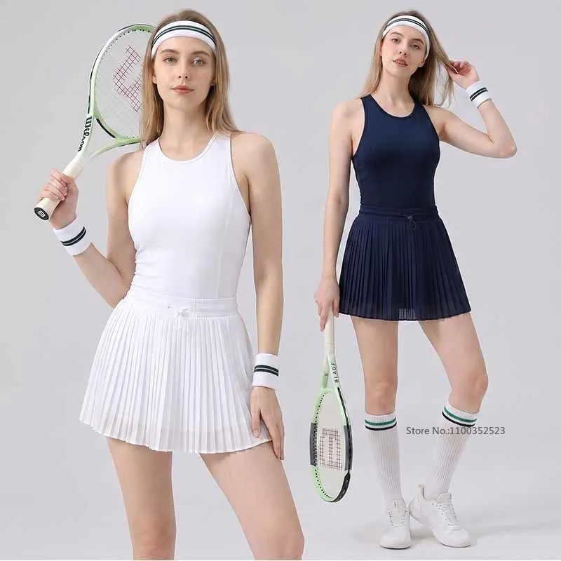 Women Cross Backless Tennis Dress with Short Ladies Sleeveless Breathable Pleated Dress Outdoor Sports Fitness Sporty Skirts