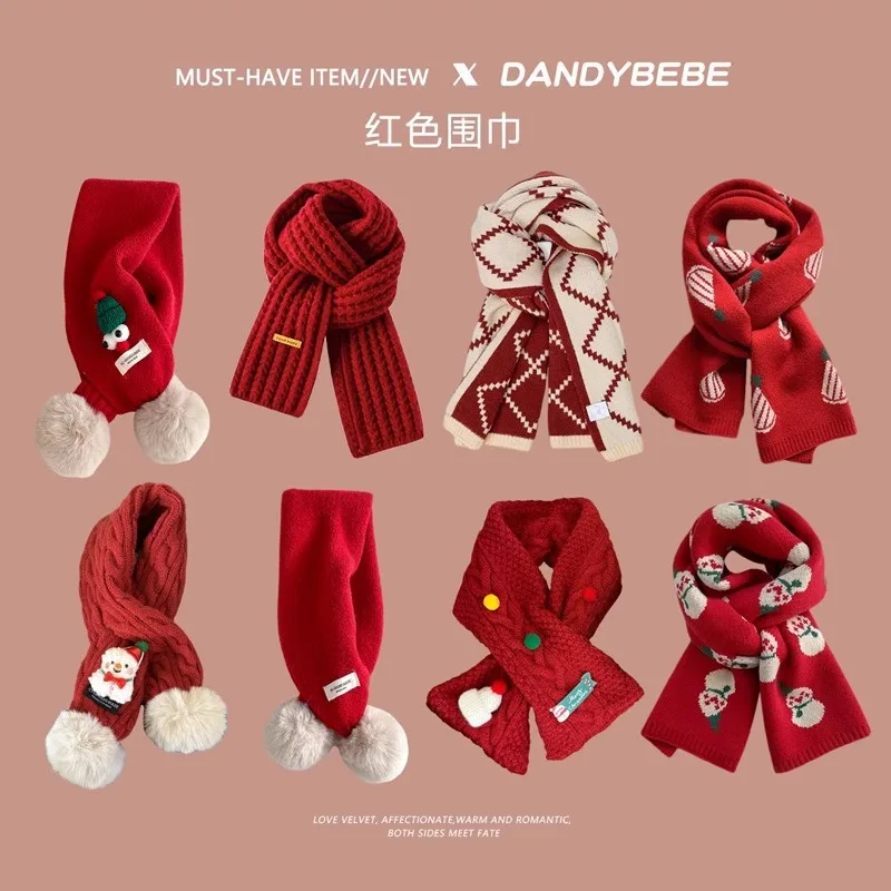 

Красный детский шарф для мальчиков и девочек, утолщенная теплая вязаная шерстяная детская накидка для зимних и новогодних торжеств