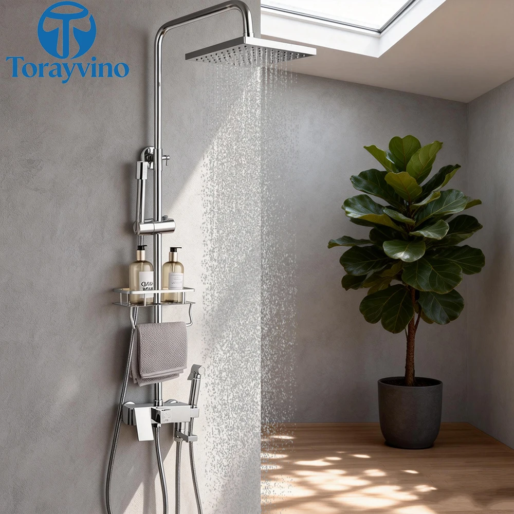 Torayvino Bathroom Rain Shower Wall Mounted Shower Set Chrome With Shelf Faucet Rainfall Shower Head Hand Shower Mixer Tap Set