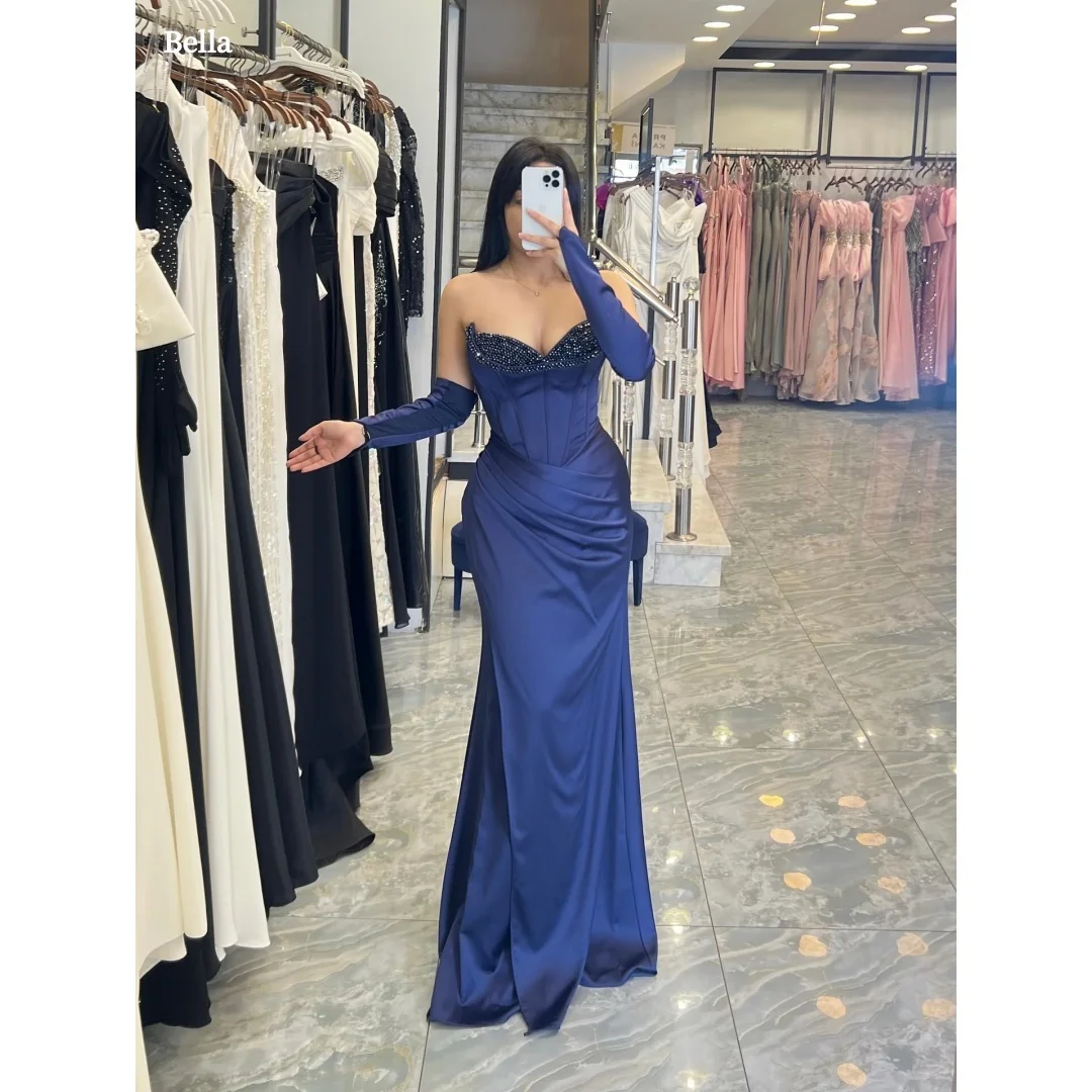 

Bella Customized Royal Blue Satin Party Dresses Strapless Beaded Bodice Prom Dress Long Glove Corset Waist Mermaid Gown 2025