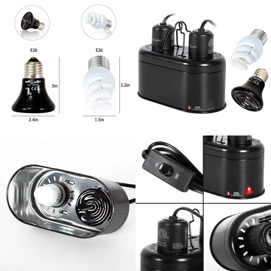 

Dual Nano Dome Reptile Lamp Fixture Combo Pack Includes 5W Mini Fluorescent UVB Light Bulb and 35W Ceramic Heat Emitter Reptile