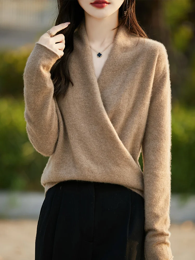 

Women's 100% Merino Wool Sweater Crossover Collar Pullover Office Lady Basic Grace Wool Knitwear Autumn Winter Soft Warm Tops