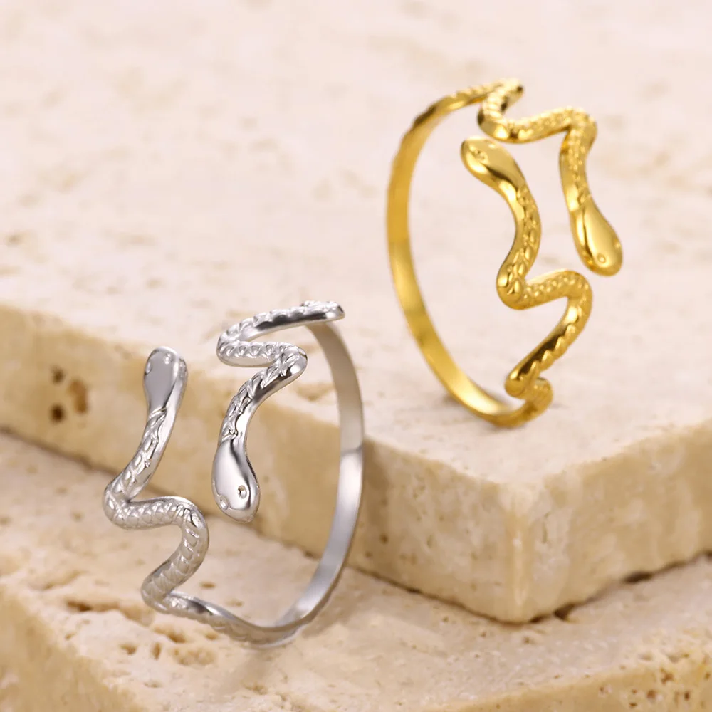 Stainless Steel Double Head Snake Ring Punk Gothic Jewelry Finger Serpent Reptile Animal Statement Snake Ring Gift for Women