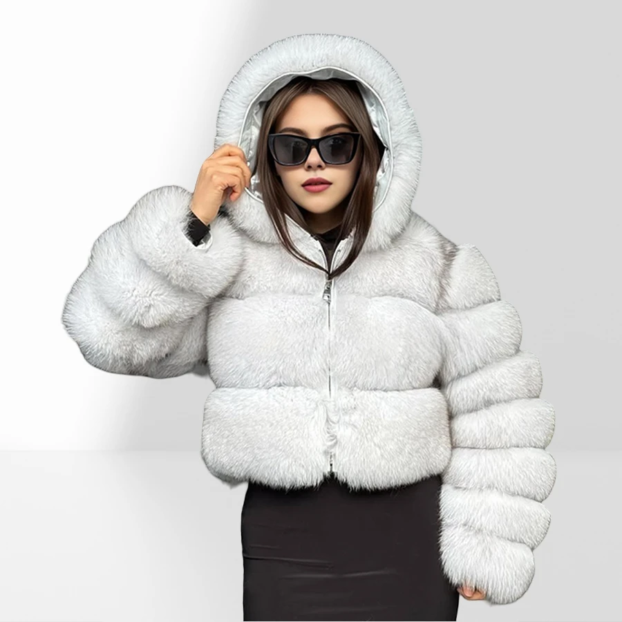 White Winter Fox Fur Jacket For Women Short Real Fox Fur Jacket With Hood Bomber Jacket Luxury High Quality Natural Fur Coat