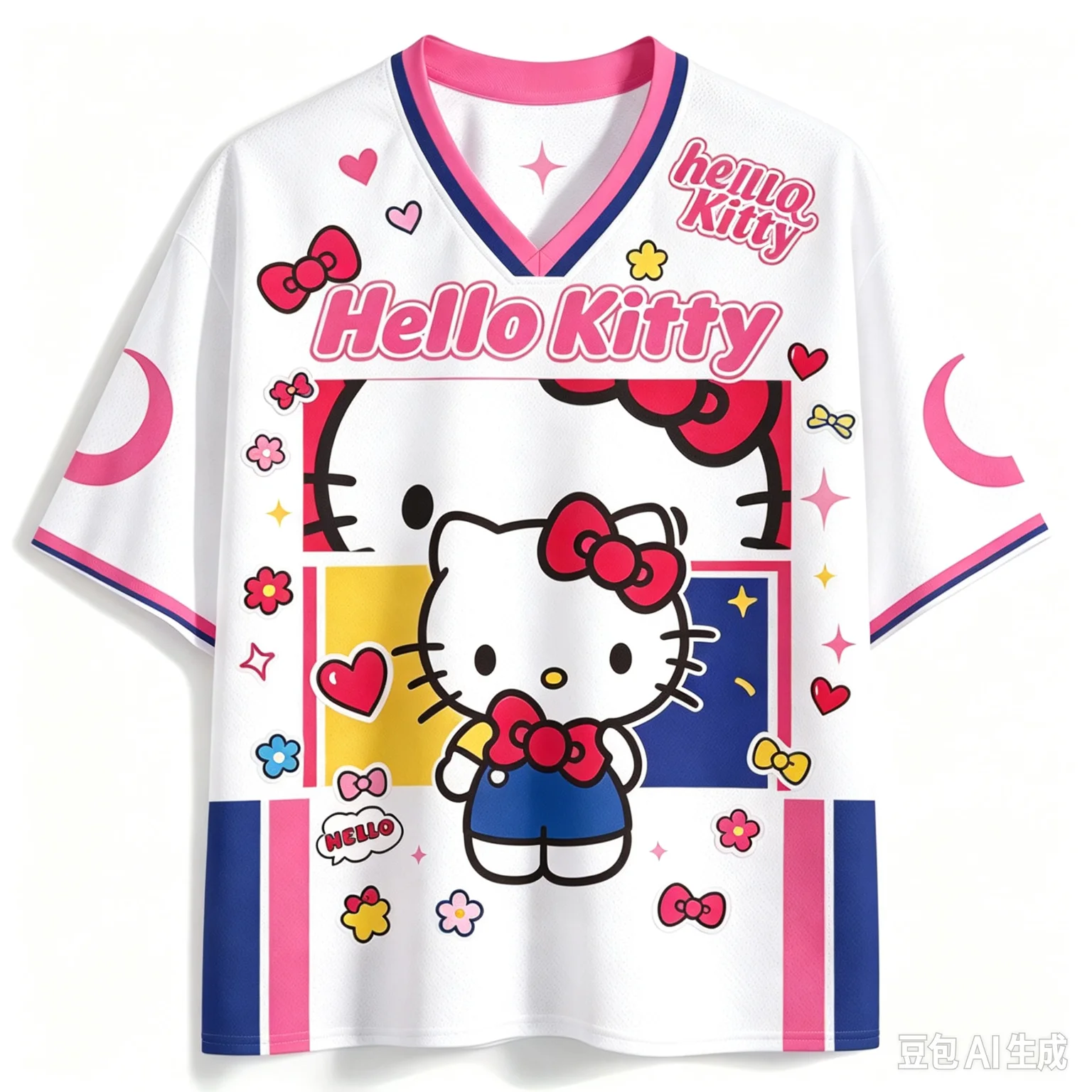 2026 Neues Hello Kitty 3D-Druck Mesh-Fußballtrikot Weißes Farbblock-Design Unisex Sommer Kawaii Y2K Streetwear Atmungsaktives Cartoon-Oberteil – Detail 4