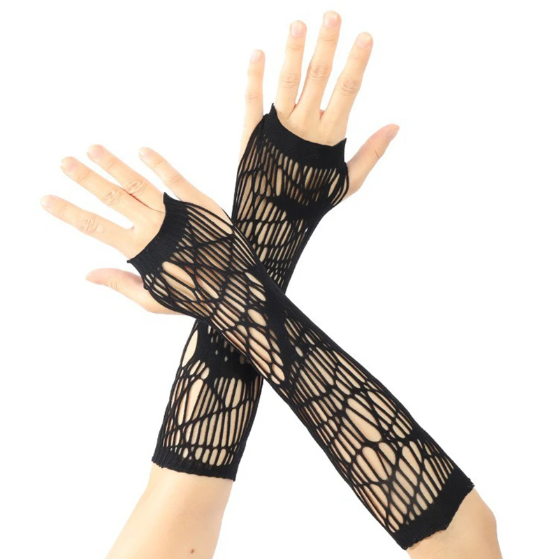

Black Sexy Fishing Net Hollow Out Fingerless Gloves Nightclub Party Performance Elastic Hollow Out Punk Long Arm Cover