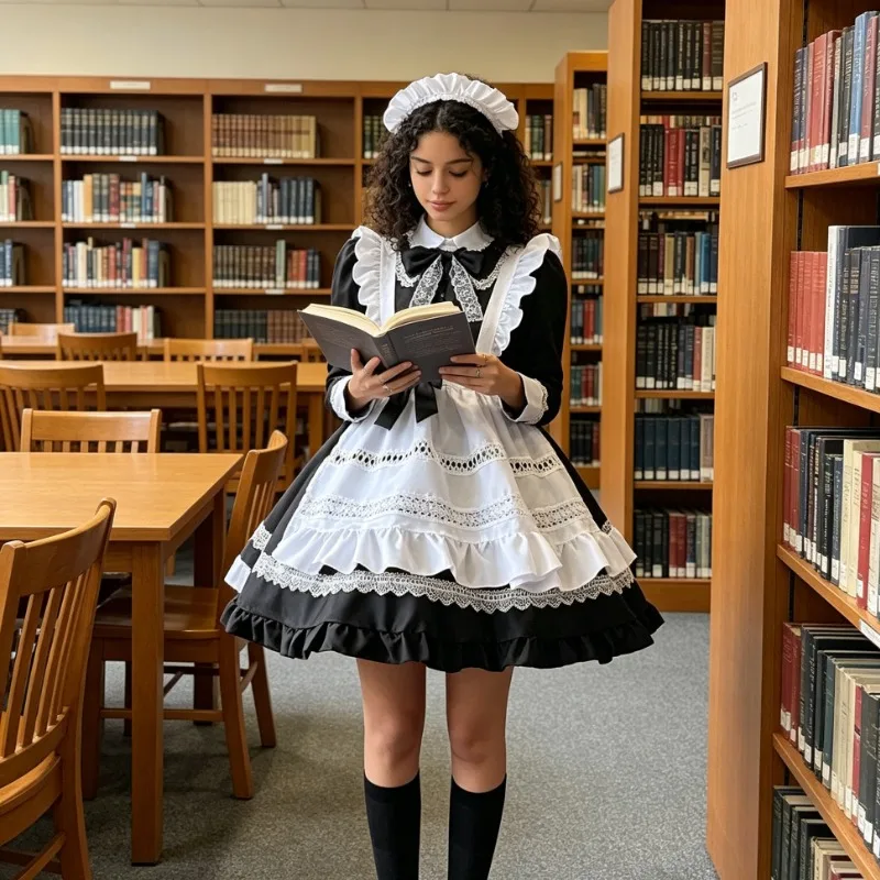 

Classic Black and White Contrasting Maid Cosplay Dress, Long Sleeved Dress, Plus Size Loose Fit, Cute Daily Outfit, Skirt