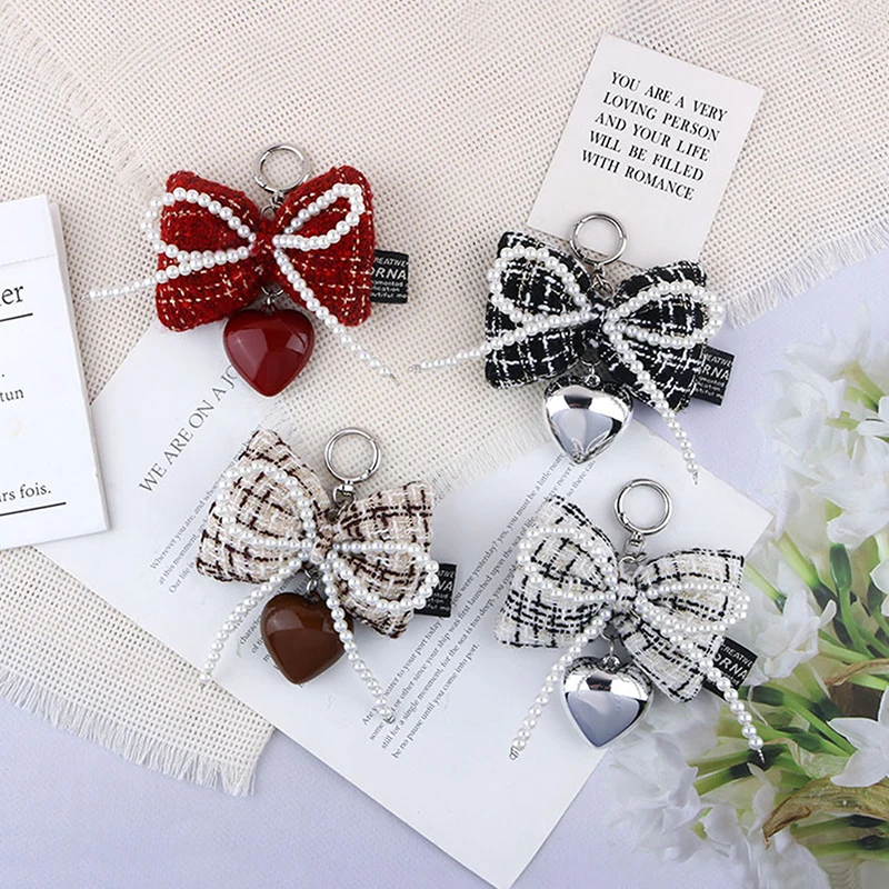 Elegant Sweet Beads Pearl Bowknot Keychain Heart Pendant Keyring Y2K Aesthetic Key Chain Holder for Girl Bag Pendant Accessories