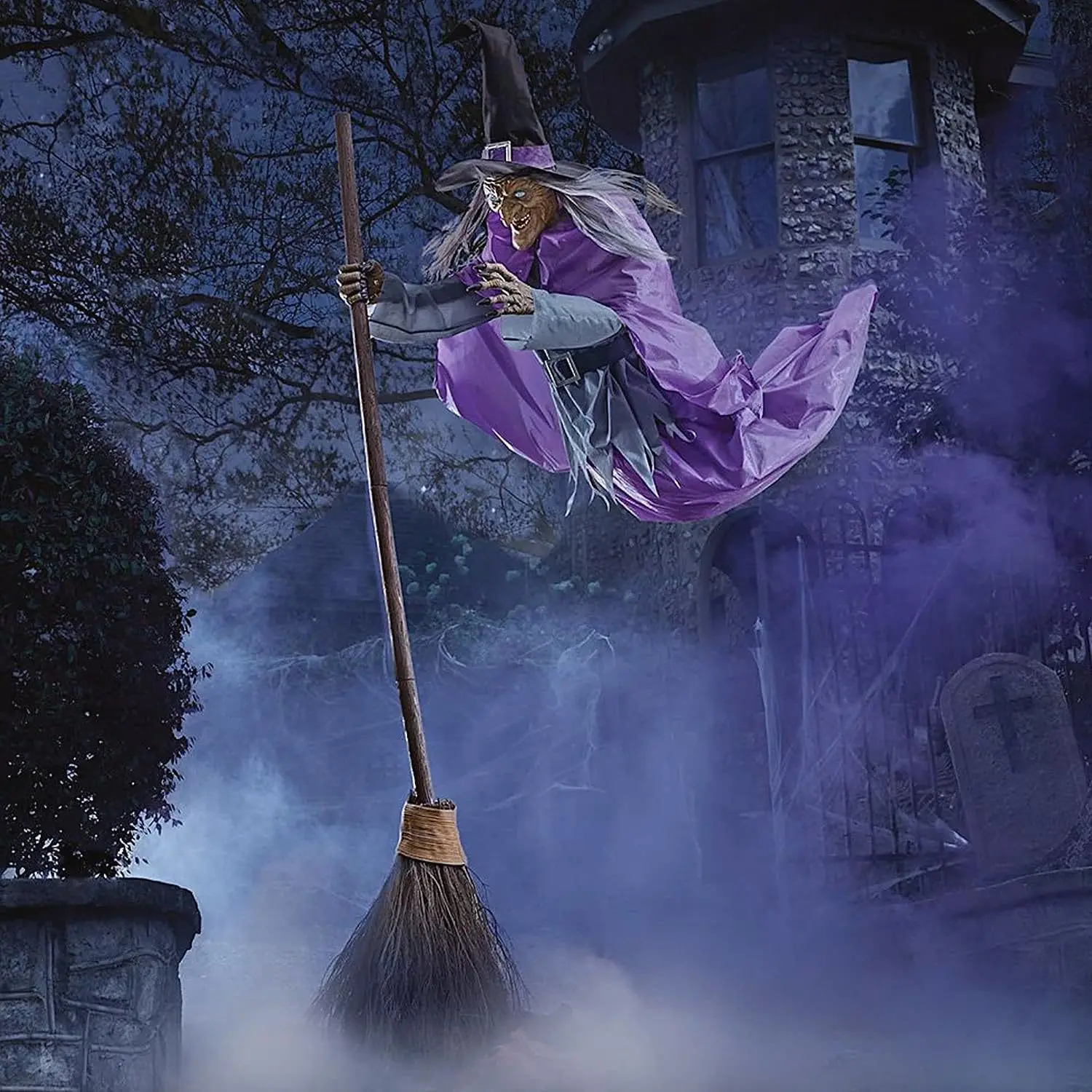 Halloween Hovering Witch Purple Broom Outdoor Decor Flying Prop Scary Decoration