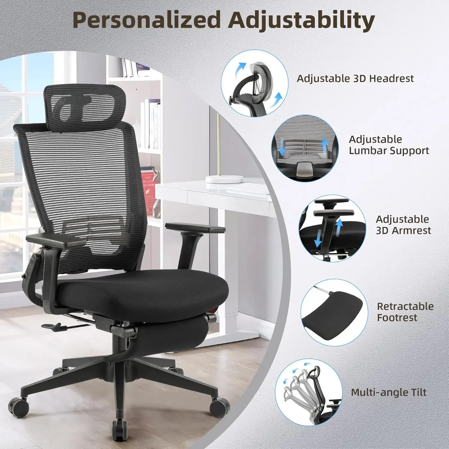 [High-Quality, Hot Deal!]Foldable Office Chair with Foot Rest, Ergonomic Office Chair with Adjustable Lumbar Support, Headrest,