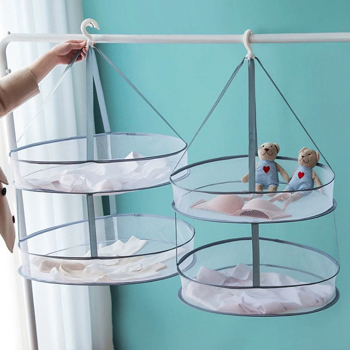 

2pcs Clothes Drying Basket Hanging Sock Hangers Storage Net Sweater Holder Wrinkle Free Space Saving Wardrobe Organizer