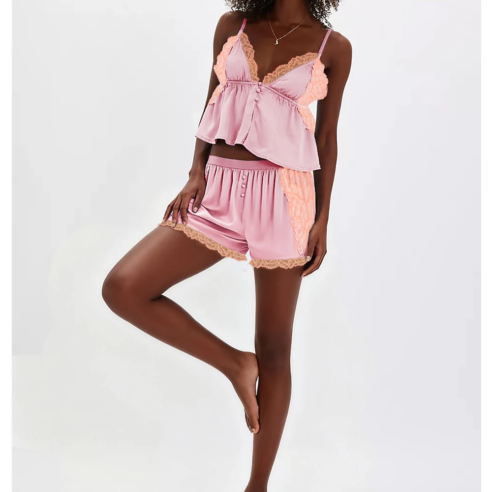

Women Summer 2 Pieces Pajama Set y2k Aesthetic Lace Trim V-neck Spaghetti Strap Cami Tops+Loose Shorts/Wide Leg Pants Loungewear