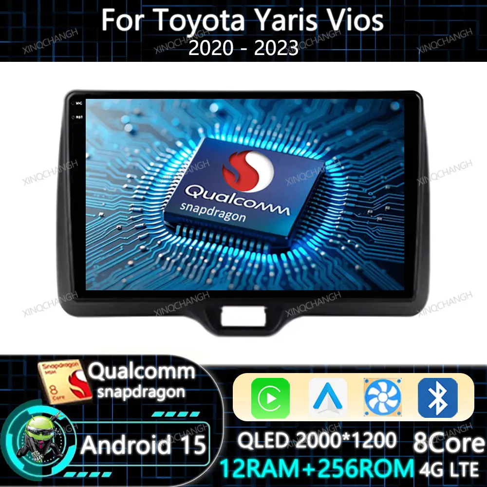 Autoradio Android 15 Carplay Auto pour Toyota Yaris Vios 2020 - 2023 Lecteur multimédia vidéo 2DIN Qualcomm QLED 4G LTE 5G WIFI BT