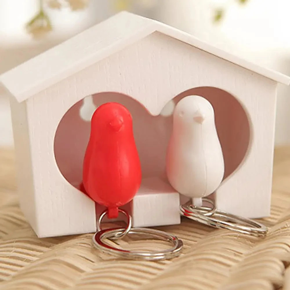 Bird Couple Key Holder Up House Keychain Hanger Wall Mount Key Ring Holder Whistle Key Storage Rack Shared Keychains Home Decor