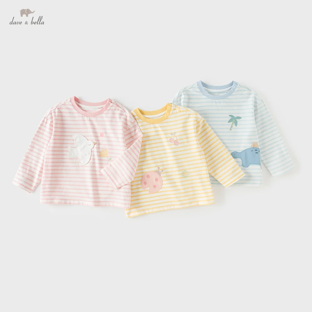 Dave Bella Children Bottoming T-shirts Spring Summer Pure Cotton Boys Girls Stripe Pullover Long Sleeves Kids Clothing DB1260806