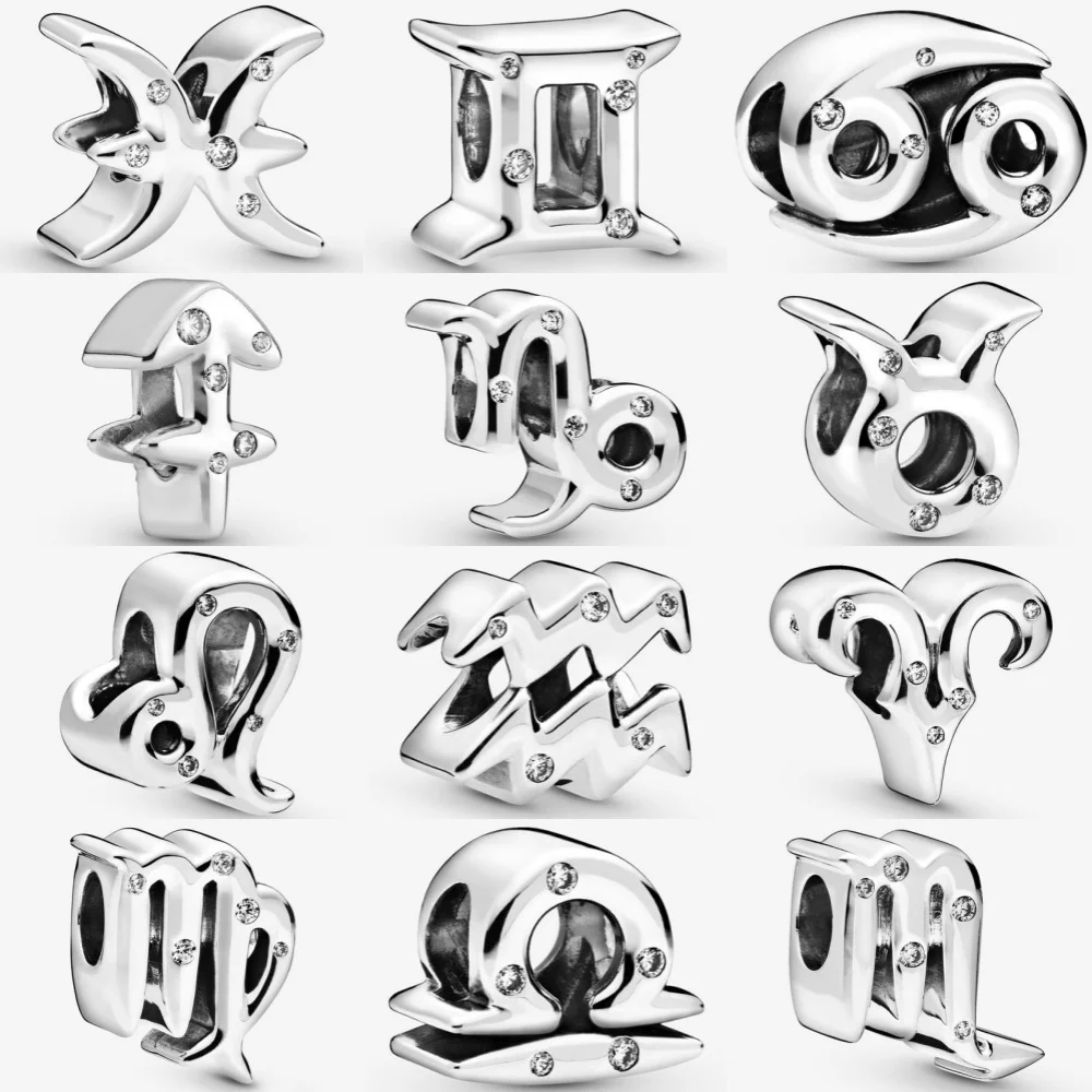 New Classic 925Silver Leo Aries Virgo 12 Signs Of The Zodiac Light Zircon Charm Beads Fit Bracelet Original Jewelry DIY Gift