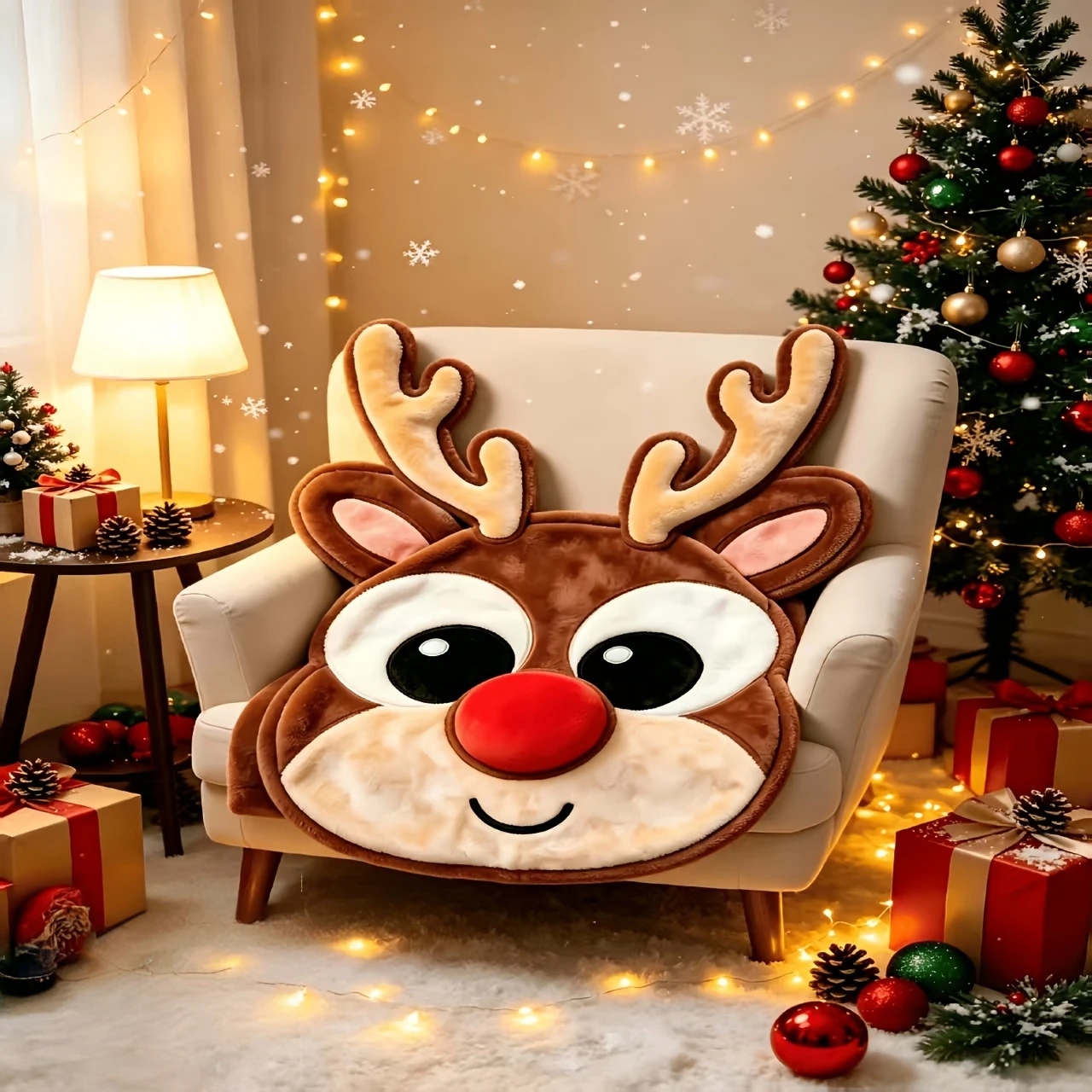 1pc Red Nose Reindeer Head Blanket Novelty Lovely Flannel Christmas Throw Blanket Holiday Decorative Blanket Home Office Decor