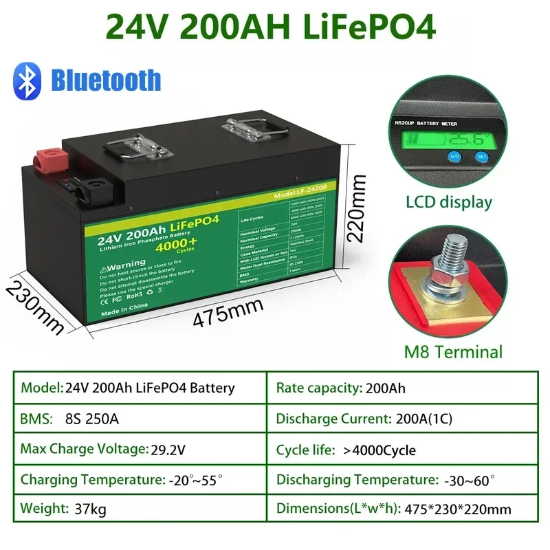 LiFePO4 24V 100AH 200AH 300AH Battery Pack 25.6V Lithium Battery 6000+ Cycle With Bluetooth BMS Grand A Cells For Boat EU STOCK