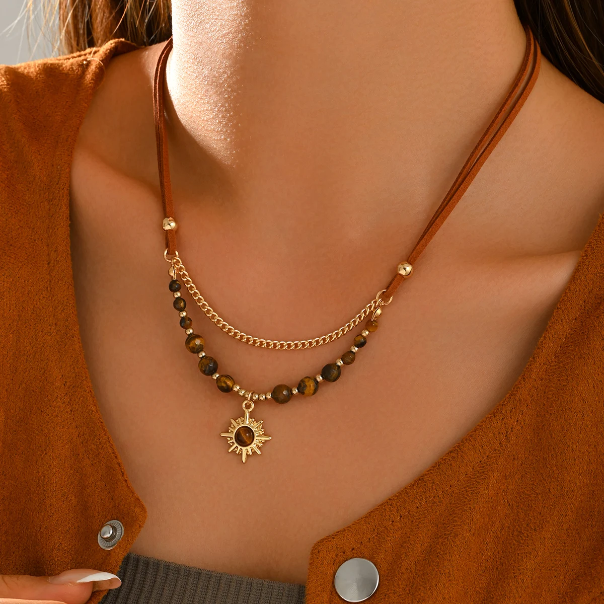 Boho Layered Sun Pendant Necklace Brown Suede Cord Tiger‑Eye Beaded Western Vintage Neck Jewelry Gift for Women