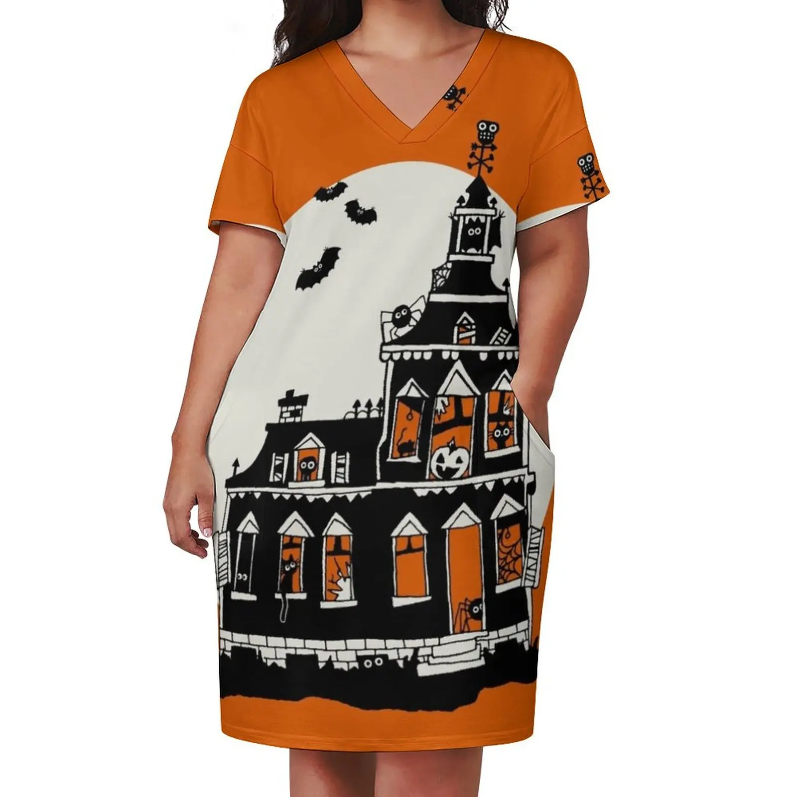 Vintage Style Haunted House - Happy Halloween Loose Pocket Dress women's elegant loose dresses dresses for womens