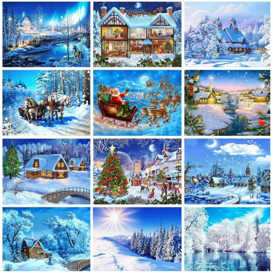 Full Square Diamond Painting by Number DIY Winter Landscape Diamond Embroidery Mosaic Kits Snow Christmas Decorations For Home