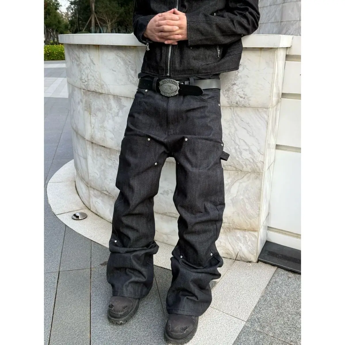 Heavyweight Original Denim Woodcut Pants Spliced Rhinestone A-Line Jeans Men Women American Heavy-Duty Design Flared Wide Leg