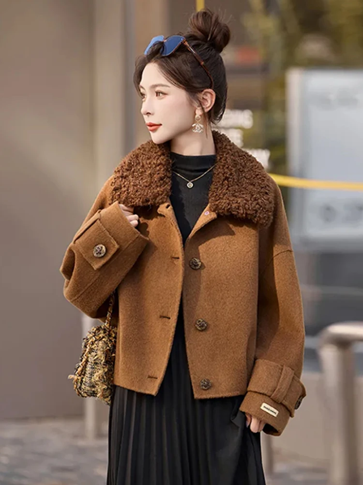 

Retro Coffee-Colored Woolen Coat Women's Outerwear Winter New Arrival High-End Feel Autumn Winter ort Size Small Open Cardigan